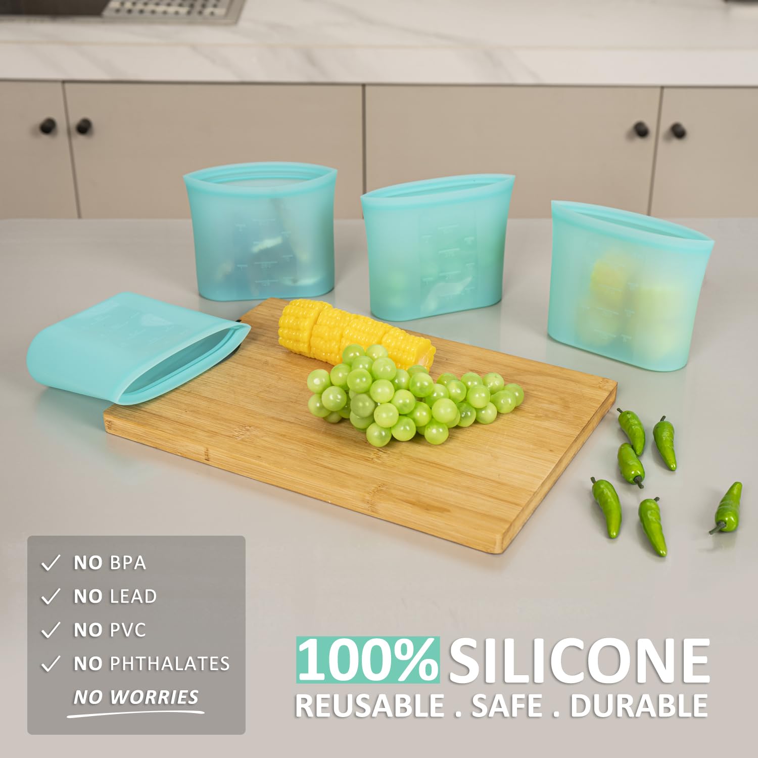 Annaklin Reusable Snack Bags, 4 Pack, Stand Up 100% Silicone Reusable Storage Bag, Ziplock Silicone Food Storage Containers Snac