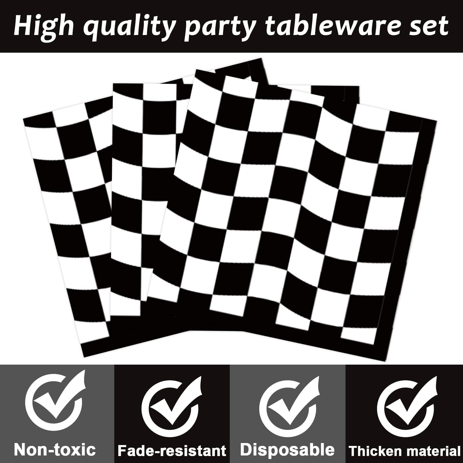 96 Pieces Black And White Checkered Tableware Set For Race Sports Themed Table Supplies Decorations Racing Car Dessert Plates Ra