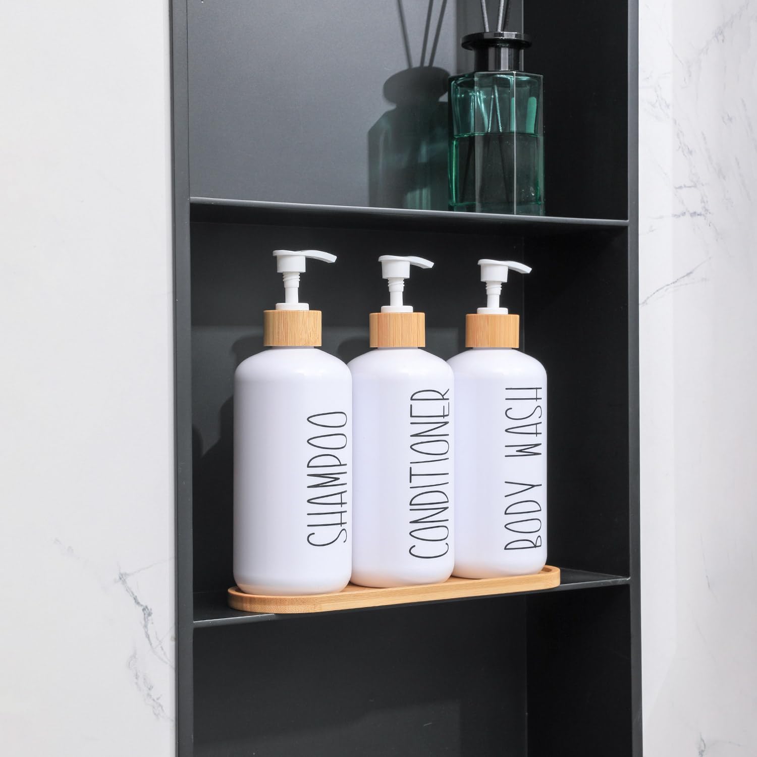 Momeemo White Shampoo And Conditioner Dispenser Set, Contains 3 Extra-Thick Pet Plastic Bottles, Refillable Shampoo And Conditio