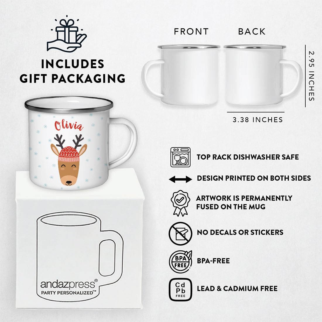 Andaz Press Personalized 11Oz. Christmas Hot Chocolate Stainless Steel Campfire Coffee Mug Gift, Reindeer With Red Hat, 1-Pack,