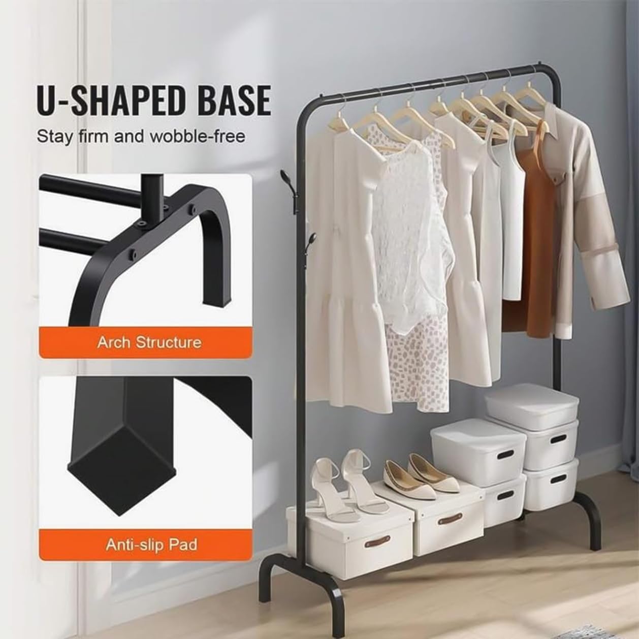 Lukzer Versatile Cloth Stand: Freestanding Metal Garment Rack With Bottom Shelves And Coat Hanger  Perfect Storage Organizer (Bl