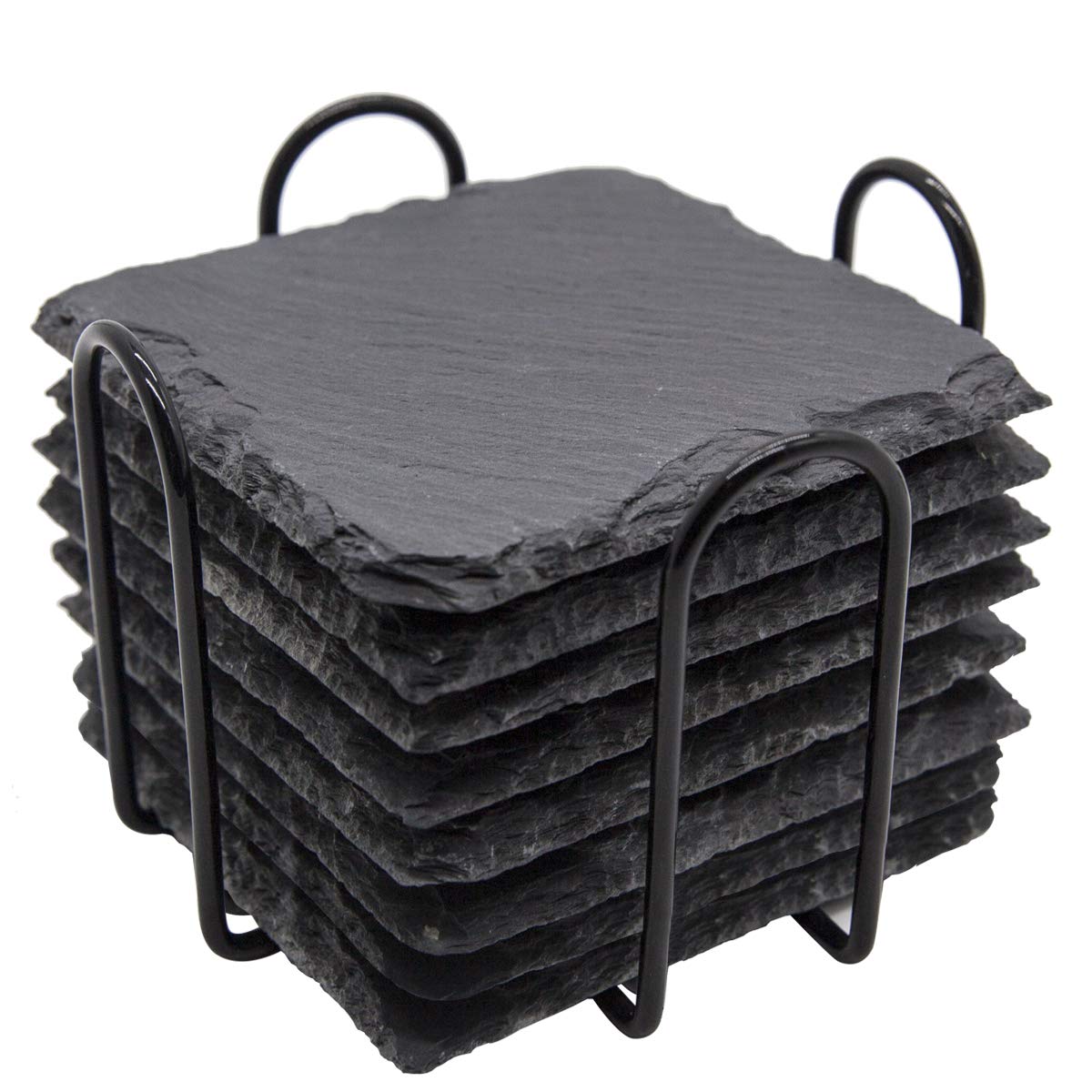 Slate Drink Coasters With Metal Holder, Goh Dodd 4 Inch 8 Pieces Black Stone Coasters Bulk Cup Coaster Set For Bar Kitchen Home