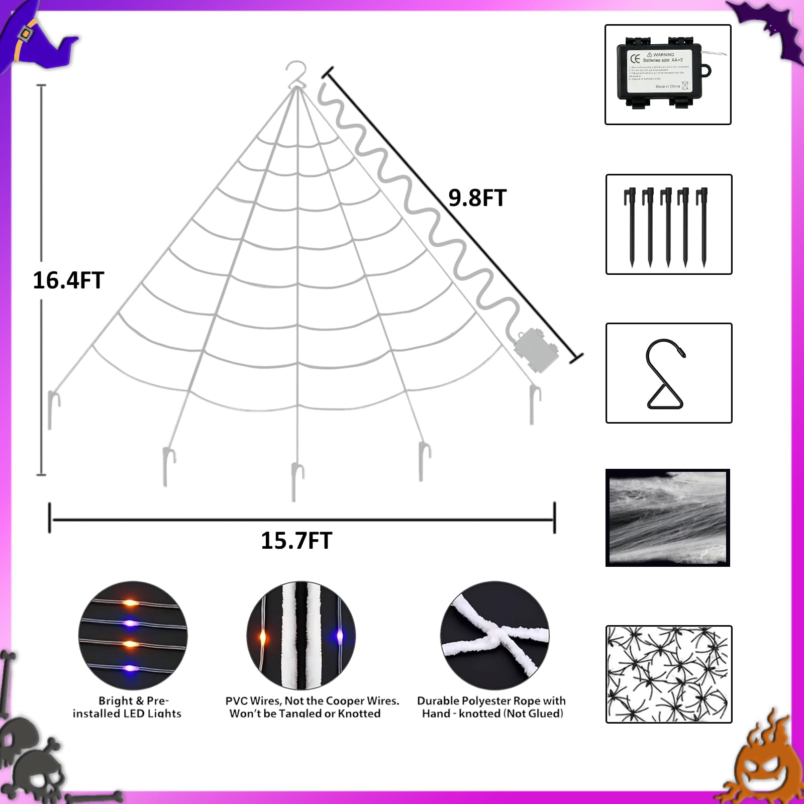 Spider Web Lights Halloween Decoration Outdoor - 250 Purple & Orange LED, 8 Lighting Modes, 16FT Giant Spider Web for Yard, Outs