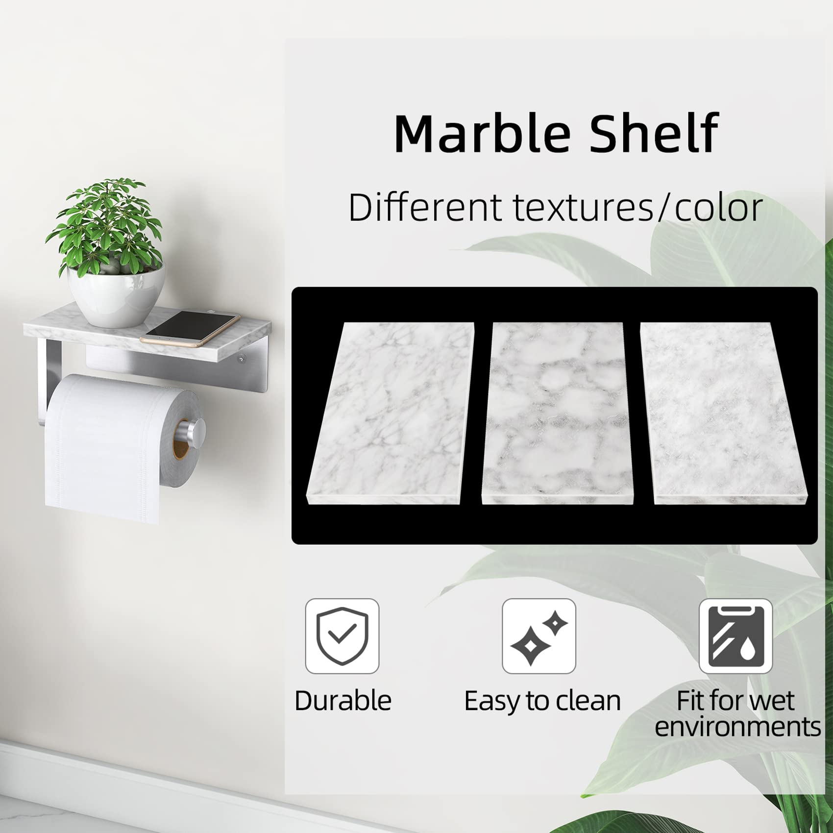 Gypie Brushed Nickel Toilet Paper Holder with Natural Marble Shelf  Screw Wall Mounted  Tissue Roll Holder for Bathroom Washroom