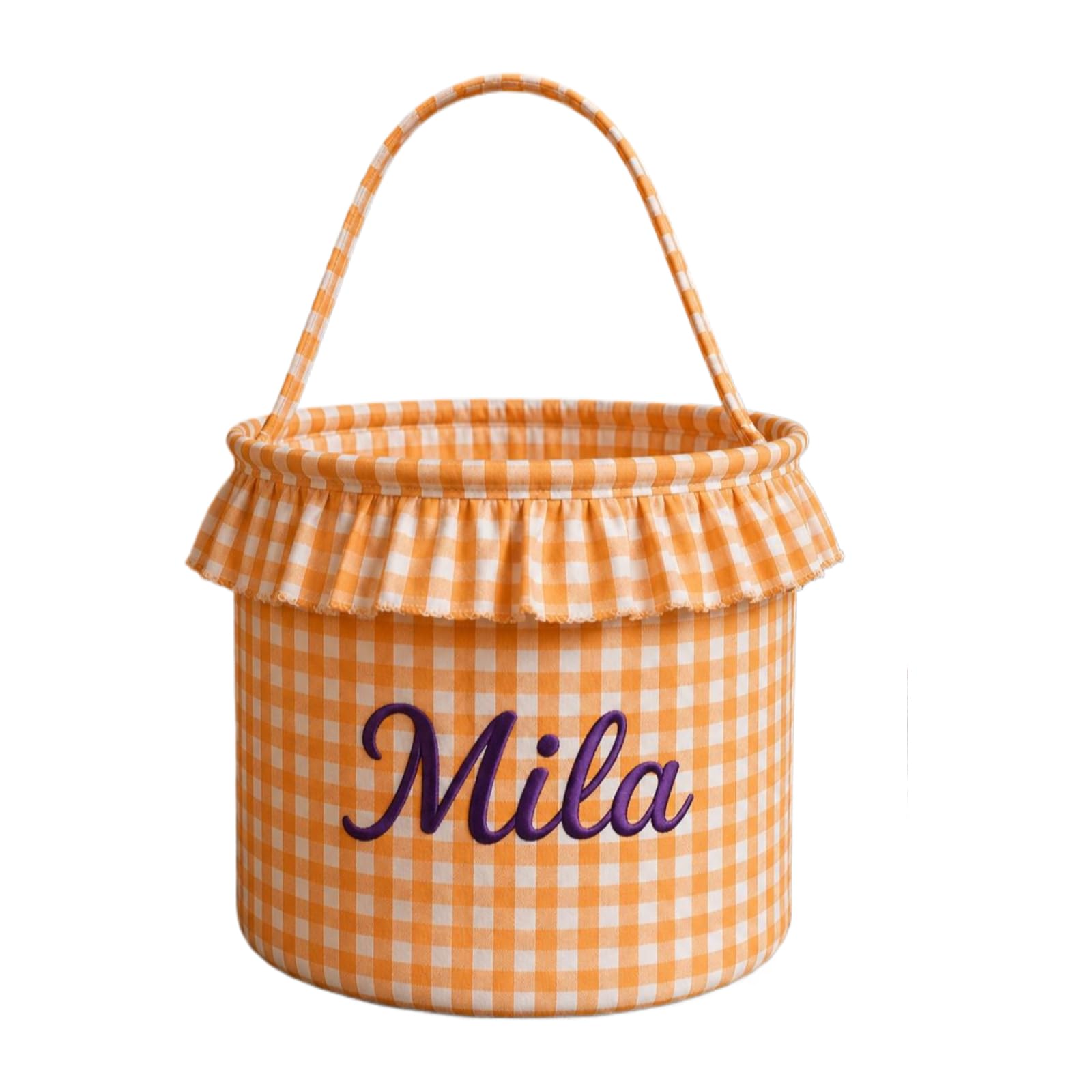 Shangyue Personalized Ruffled Gingham Halloween Basket Custom Yarn Name Candy Bucket (Orange)