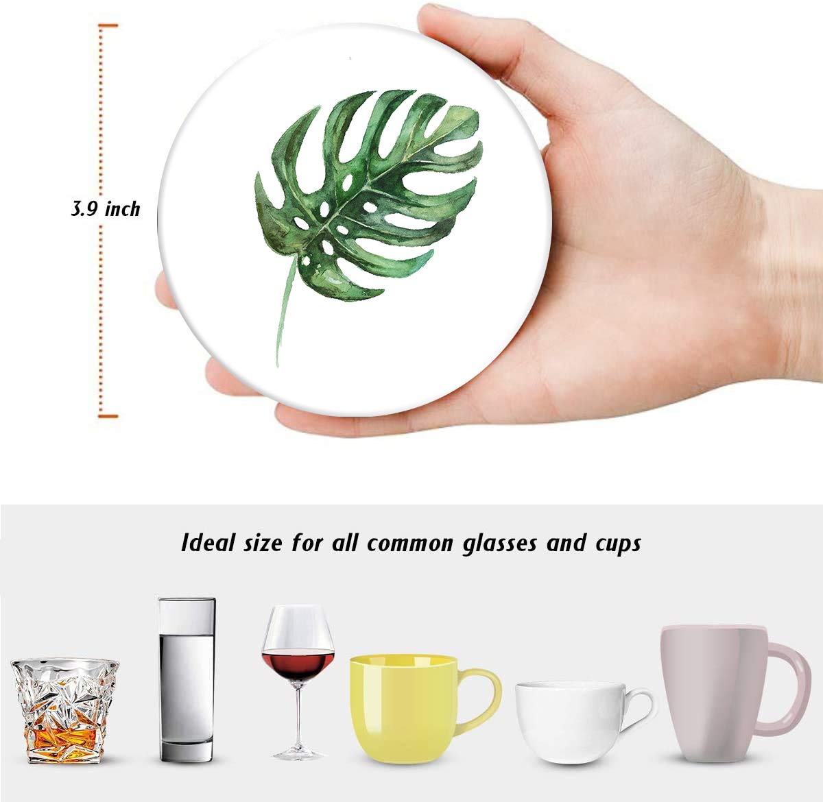 Britimes Set Of 6 Coasters For Drinks Absorbent Green Leaves With Cork Base, Metal Holder, Round Stone Drink Mat For Coffee Wood