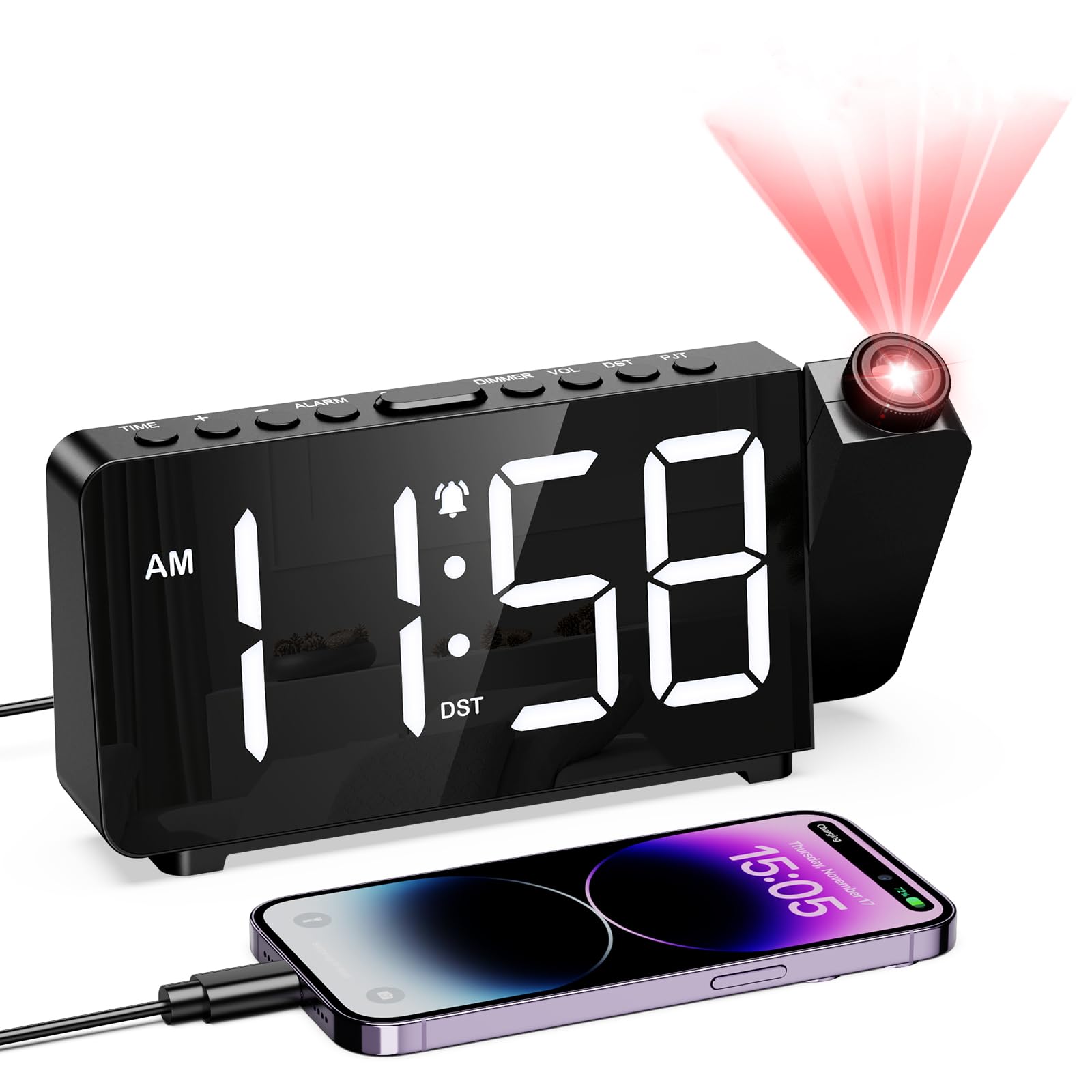 Olipiter Digital Projection Alarm Clock For Bedroom Ceiling-Alarm Clocks With 180Projector, 5 Level Brightness, Dst, Snooze, Nig