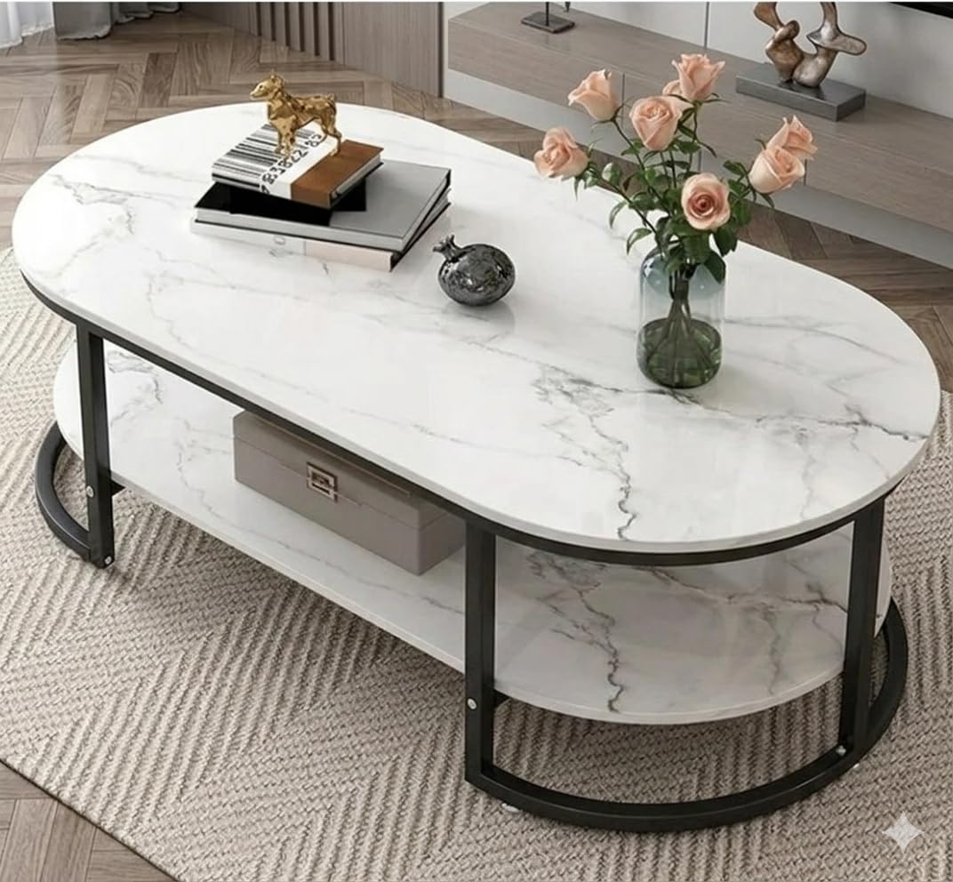 Wrough Impex Modern 2 Tier Coffee Table With Marble Finish Top, Metal Frame, Oval Center Table With Storage Shelf For Living Roo