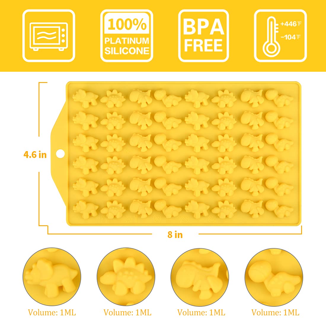 2 Sized Dinosaur Candy Molds Gummy Molds - Regular And Mini Size Dinosaur Silicone Chocolate Molds Nonstick Set Of 5 Including T