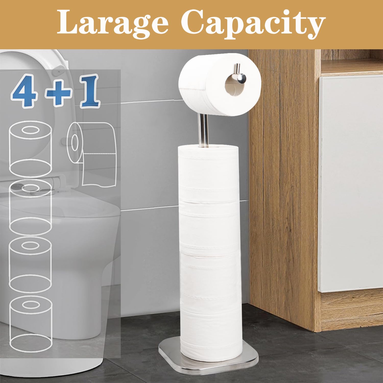 Vanloory Toilet Paper Holder Stand, Free Standing Tissue Paper Storage For Bathroom, Stainless Steel Toilet Paper Stand With Res