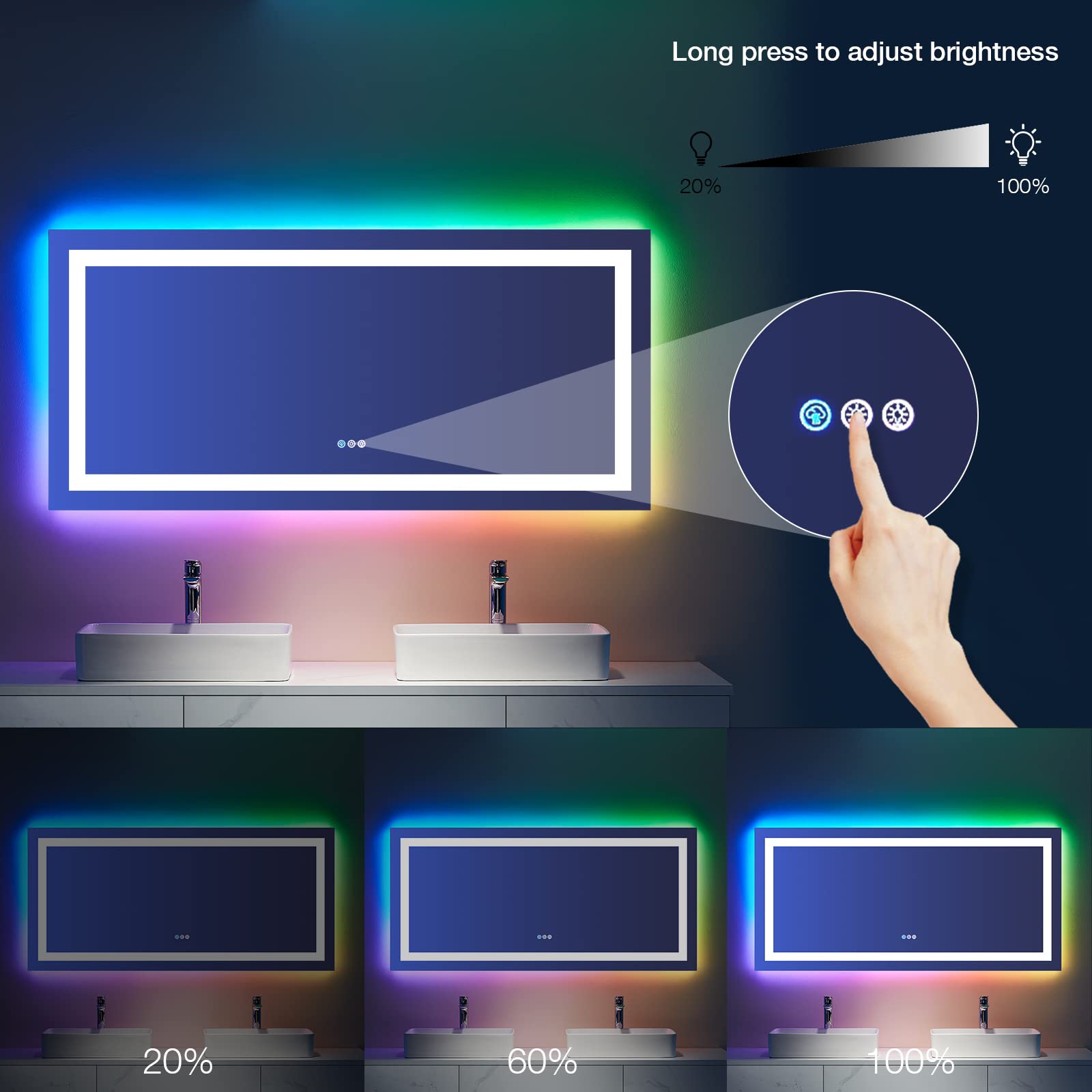 Loaao 60   X30 Rgb Led Bathroom Mirror With Lights For Bathroom, Anti-Fog, Dimmable,Multiple Light Modes, Rgb Backlit + Front Li