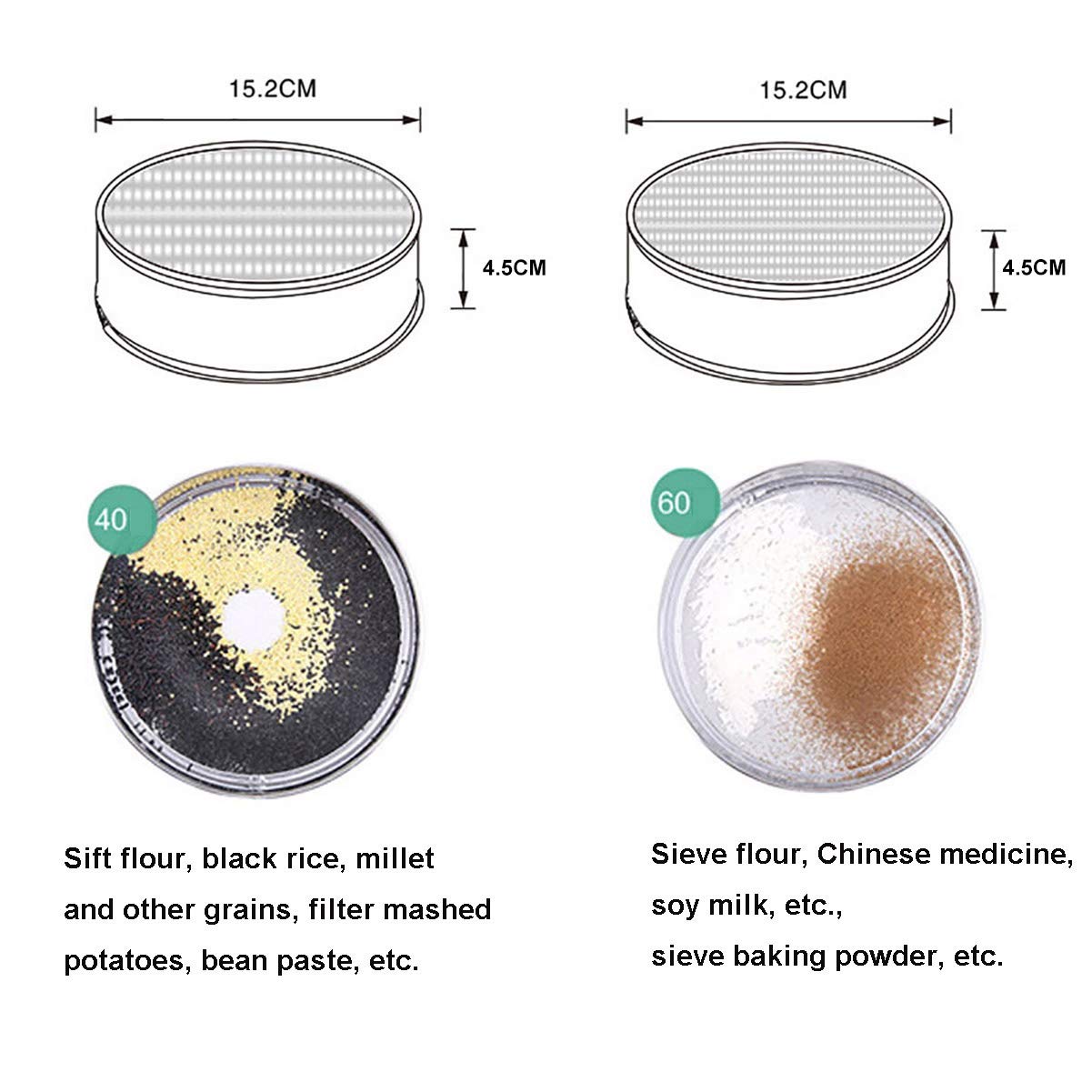 Flour Sifter, Fine Mesh Sifter, Flour Sieve Stainless Steel Round Sifter For Baking Straining Powdering 40 Mesh 15Cm 20Cm