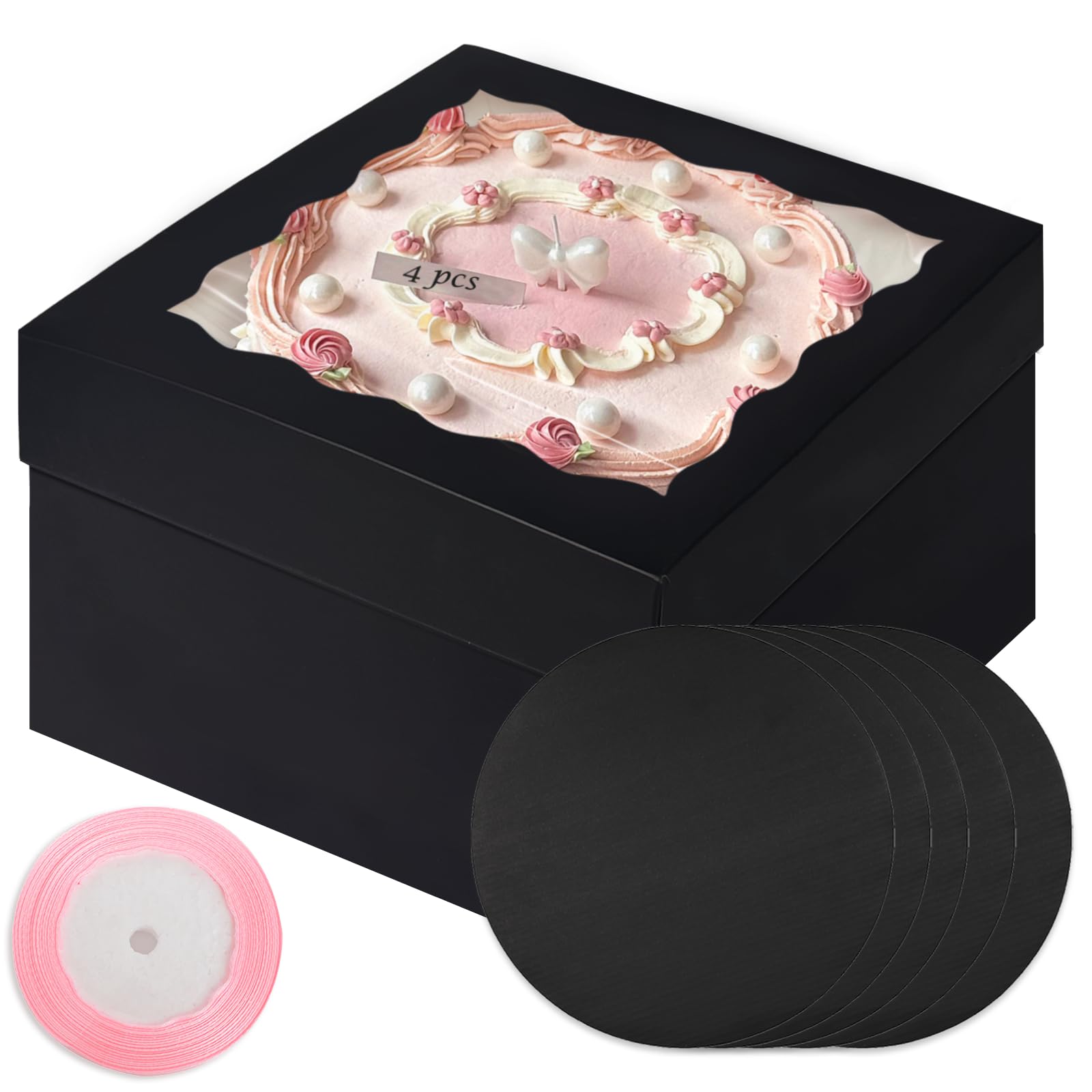 Qiqee Black 10X10X8 Cake Box, 4 Sets Cake Box With Window  4 Sets 10 Cake Round Boards, 10Inch Cake Containers, 10 Meters Pink S
