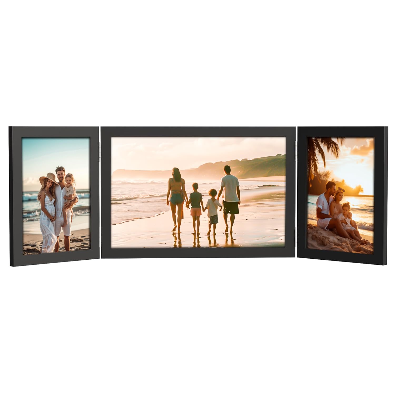 3 Picture Frame, 4x6 & 6x8 Triple Folding Hinged Photo Frames, Rustic Wood Desk Family Photo Collage Stand Vertical on Tabletop 