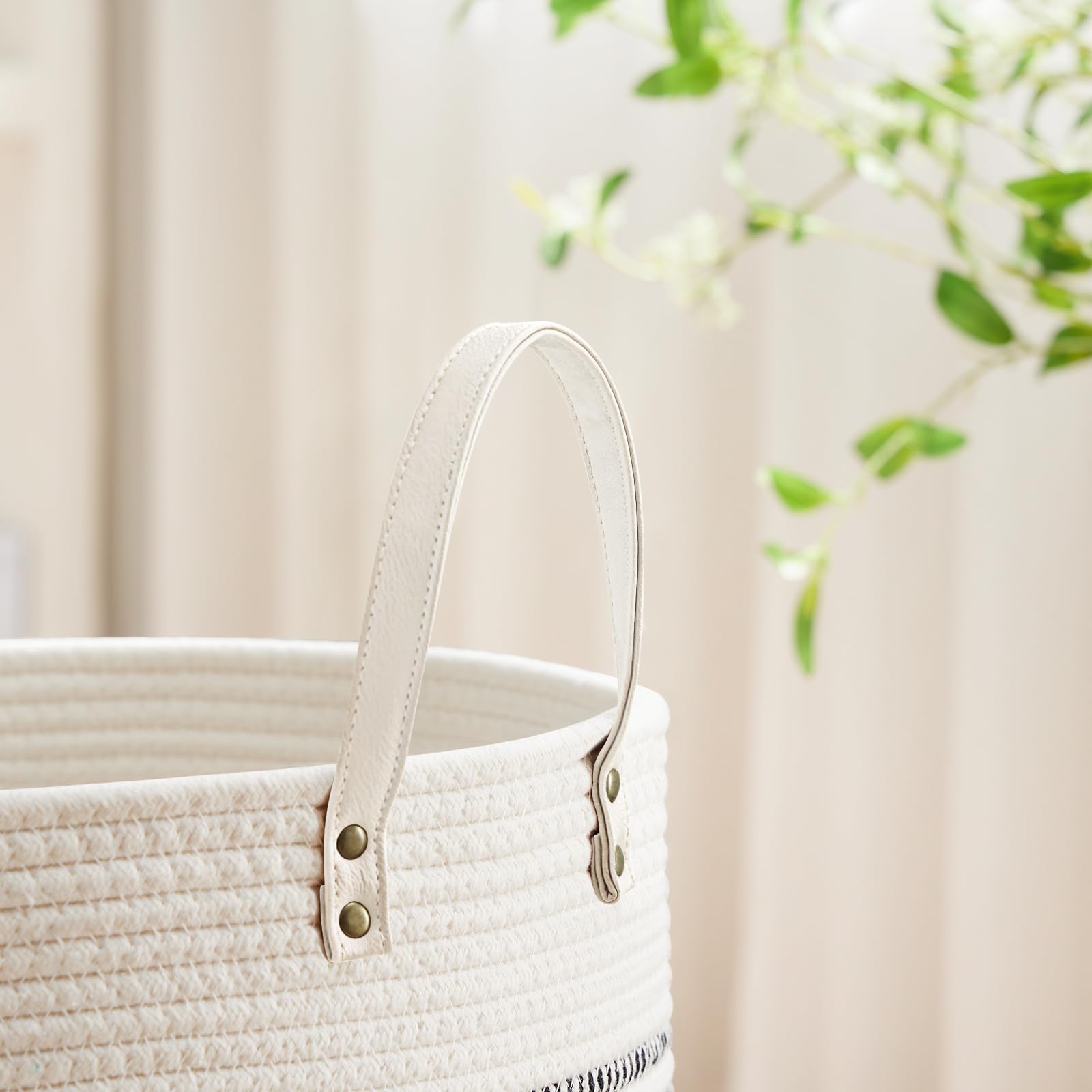 Viposco Tall Laundry Basket, Large Dirty Clothes Hamper With Leather Handle, Woven Rope Storage Basket For Blanket, Toy In Livin