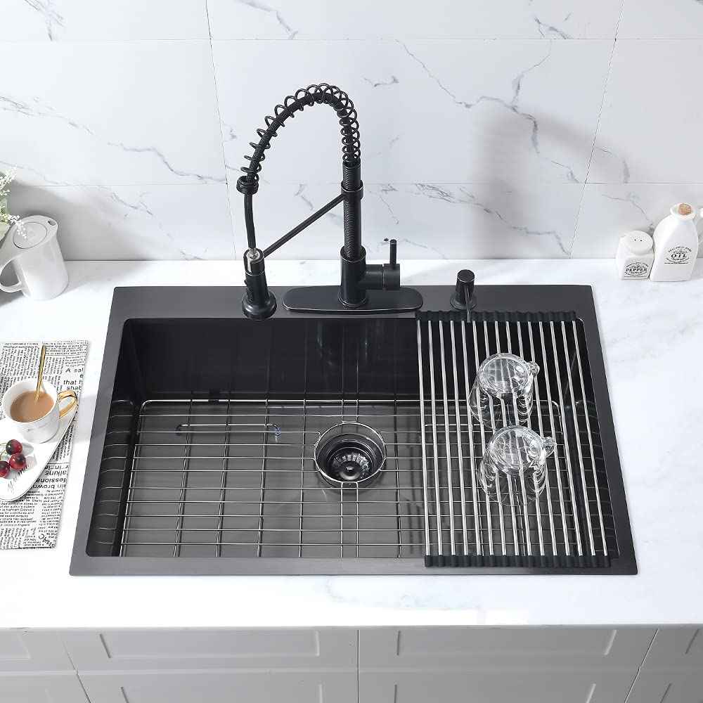 33 Inch Black Kitchen Sink Drop In-Bokaiya 33X22 Black Stainless Steel Drop In Kitchen Sink Topmount 16 Gauge Deep Matte Black S