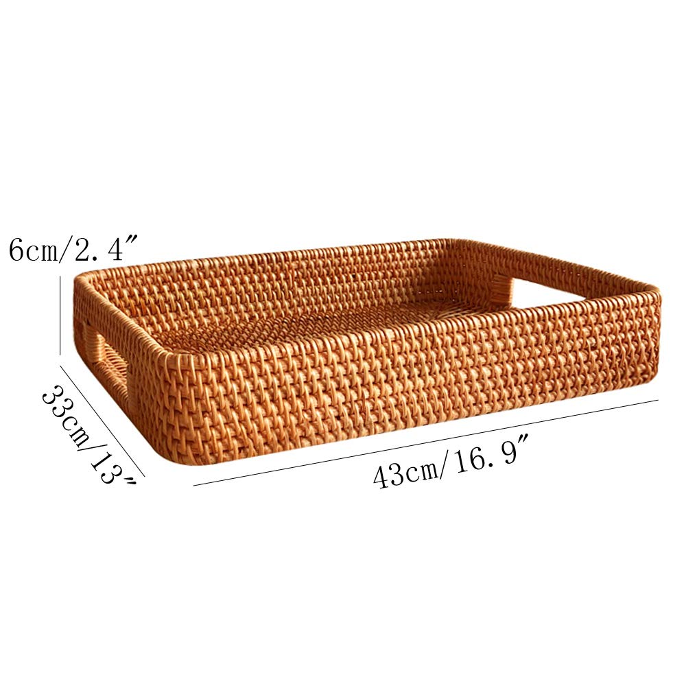 I-Lan 17 Inch Oversize Handmade Rectangular Serving Trays With Cutout Handles And 2.3    Wall,Decorative Rattan Woven Storage Ba