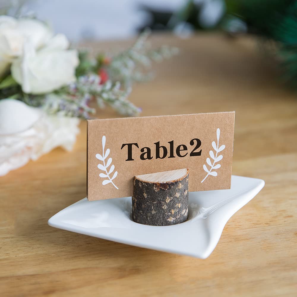 Jofefe 20Pcs Wood Place Card Holders And 24Pcs Kraft Table Place Cards, Rustic Table Number Holders, Food Labels, Name Card Phot