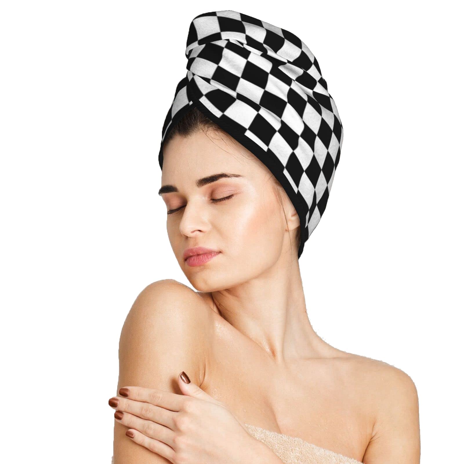 famliihw Black and White Checkerboard Hair Towel Wrap Microfiber Fast Drying Hair Turban with Buttons for Women Men Drying Curly