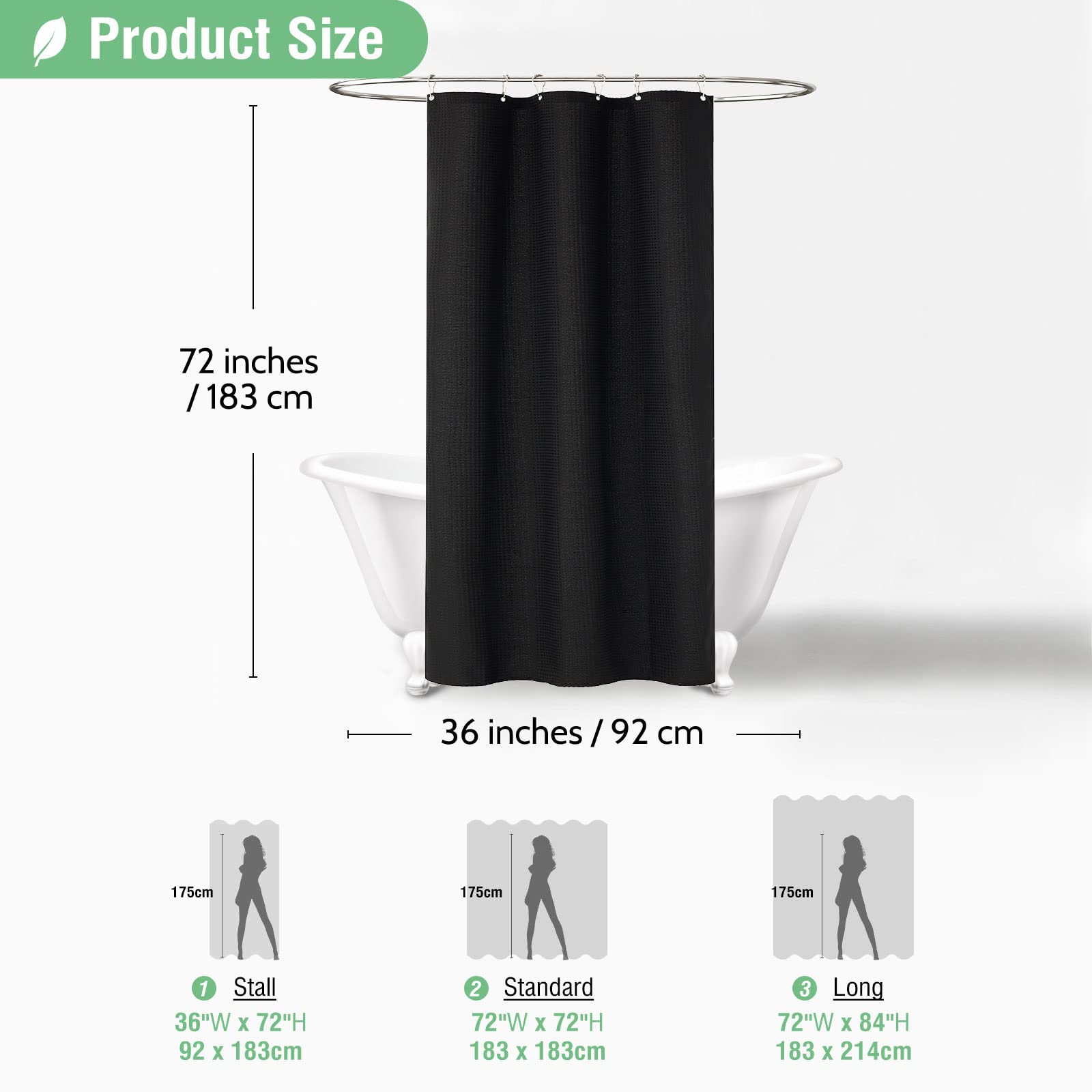 Dynamene Stall Black Fabric Shower Curtain - Waffle Textured Small Heavy Duty Cloth Shower Curtains For Bathroom, 256Gsm Narrow