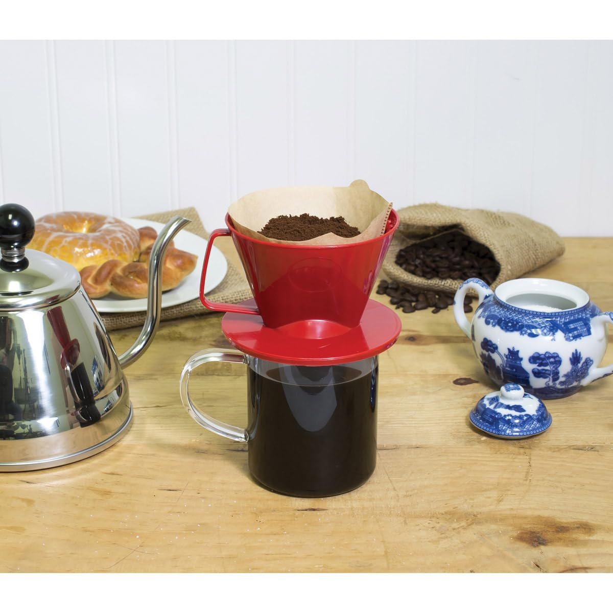 Fino Pour-Over Coffee Brewing Filter Cone, Number 1-Size, Red, Brews 1 To 2-Servings, Set Of 2