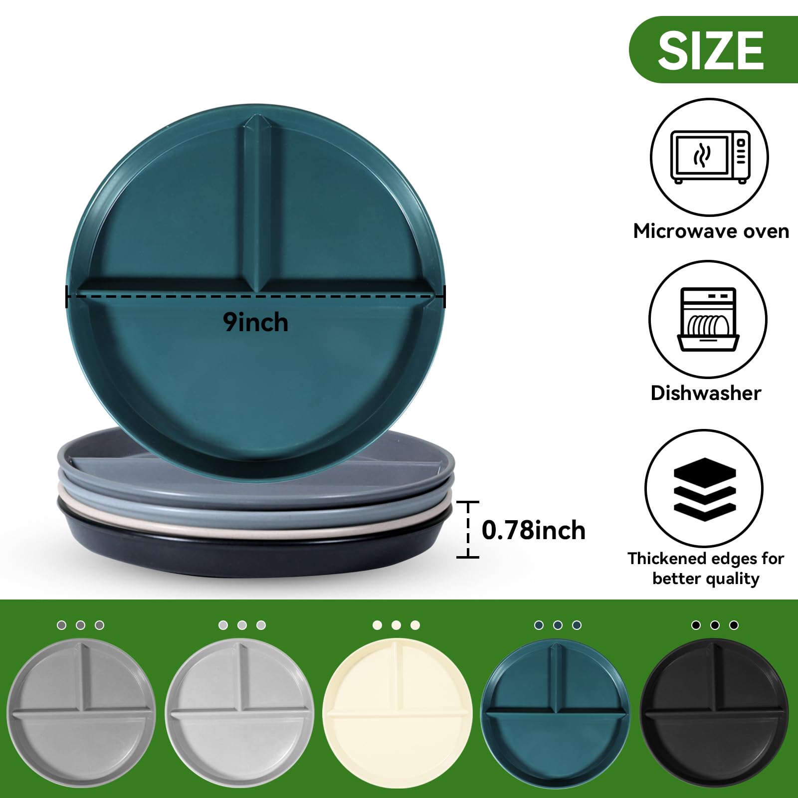 Waygymbbd Portion Control Plate For Weight Loss 9 Inch 5Pcs, Round Divided Plates For Adults, 3 Compartment Plates Is Very Thick