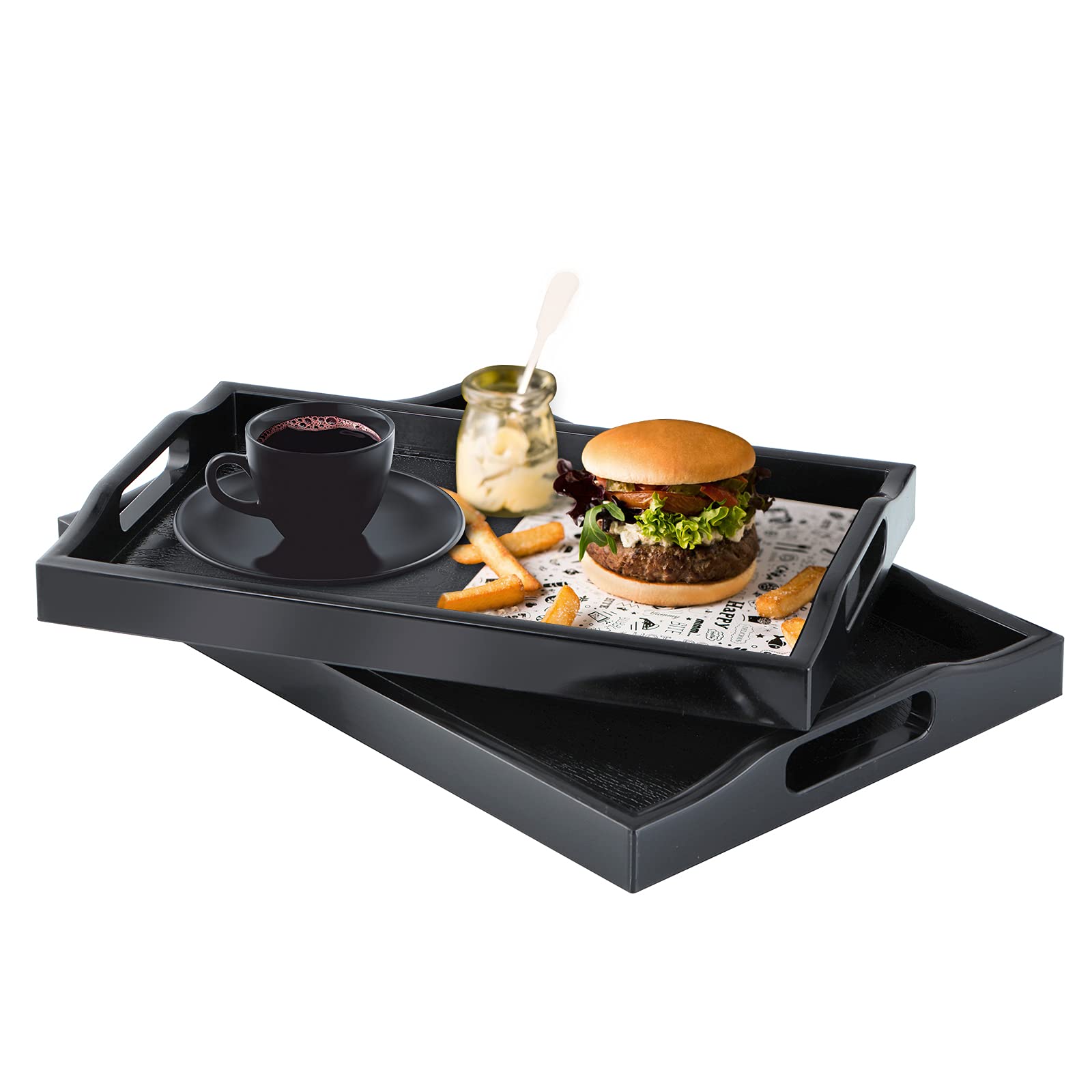 Mdluu Set Of 2 Plastic Serving Tray, Ottoman Tray With Cutout Handles, Rectangle Butler Tray For Breakfast In Bed, Coffee Table,