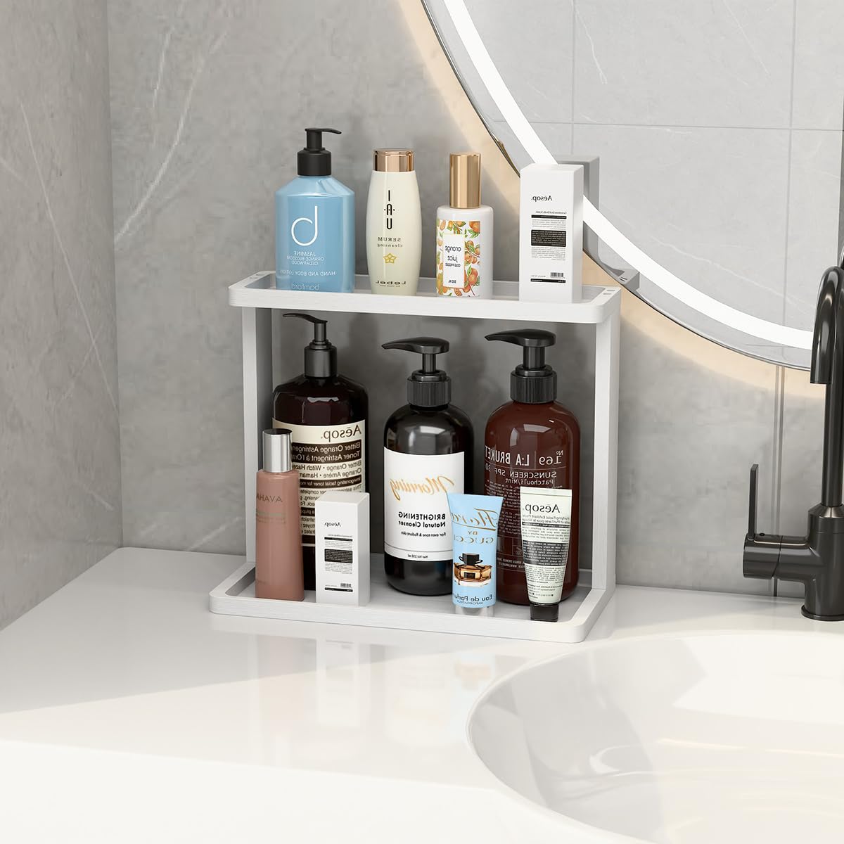 PEKER Bamboo Bathroom Organizer Countertop - Small Vanity Storage Shelf for Makeup, Perfume, Skincare - Natural Cosmetics Displa