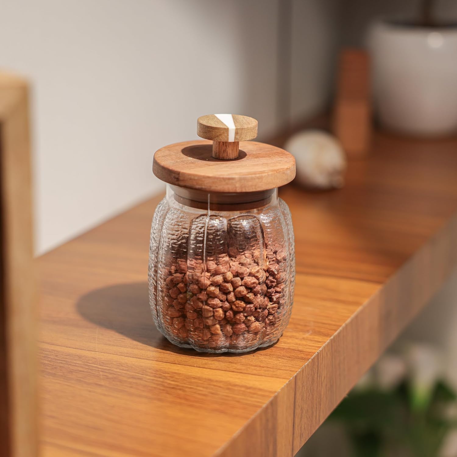 Ireka Home Ripple Glass Jar With Wooden Lid | Multipurpose Stackable Glass Jar With Lid | Storage Container For Dry Fruits Grain