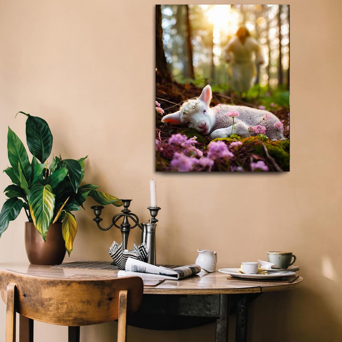 Jesus And Lamb Canvas Wall Art Jesus Runs For The Lost Sheep In Spring Forest Picture Wall Art Canvas Print Christian Home Decor