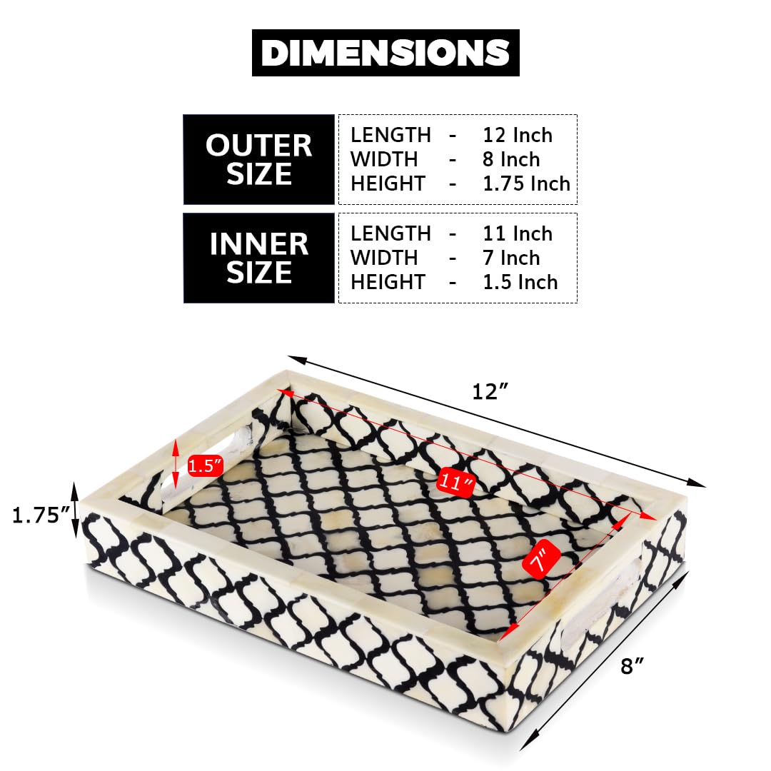 Handicrafts Home Moroccan Pattern Inspired Decorative Trays 12X8 - Chic Black & White Centerpiece, Versatile Ottoman Tray For Mo