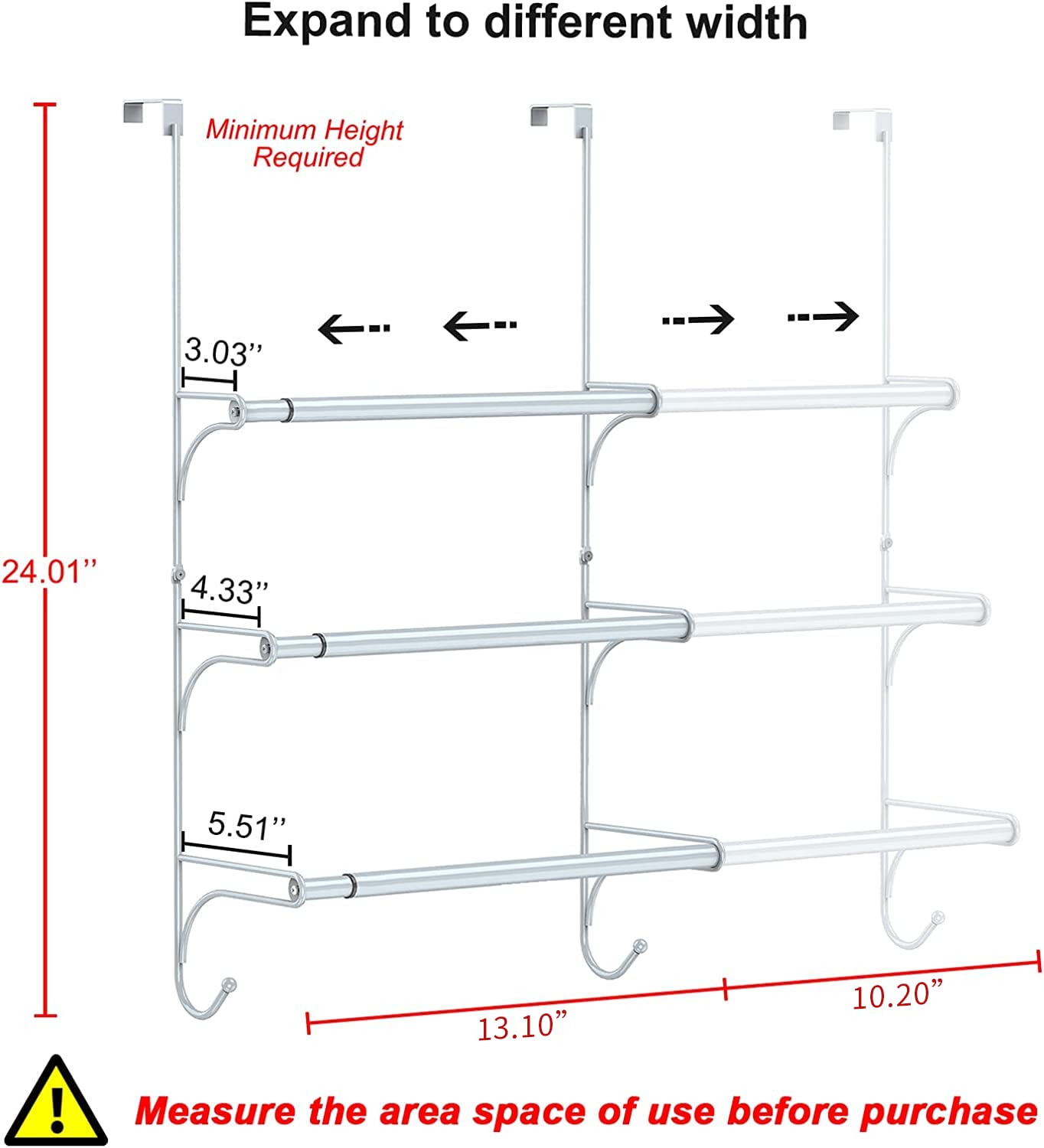 Auledio Adjustable Over The Door Triple Towel Rack With Hooks,Silver