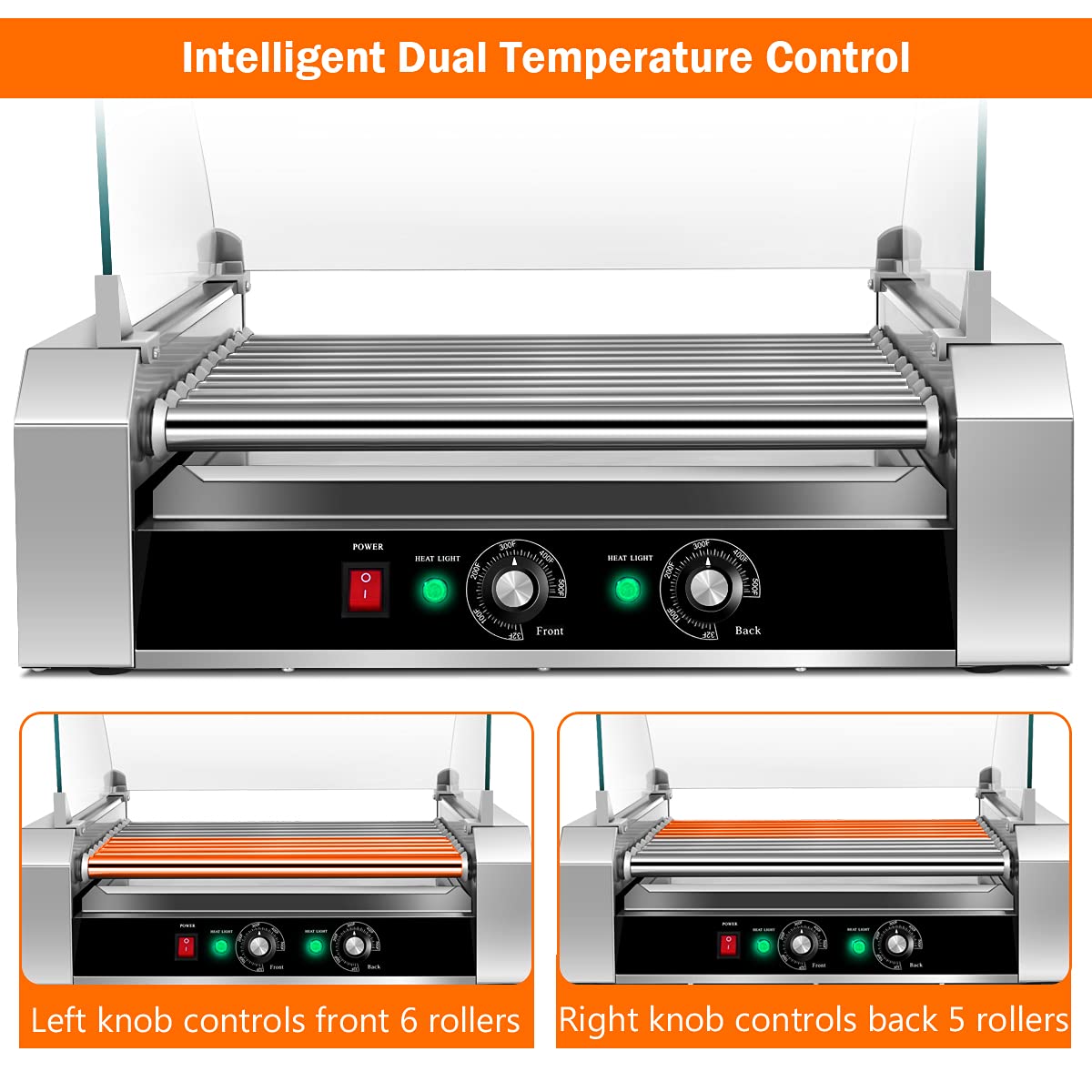 Kotek Hot Dog Roller Machine, 30 Hot Dog And 11 Non-Stick Roller, Sausage Grill Cooker Machine With Glass Cover, Drip Tray, Dual