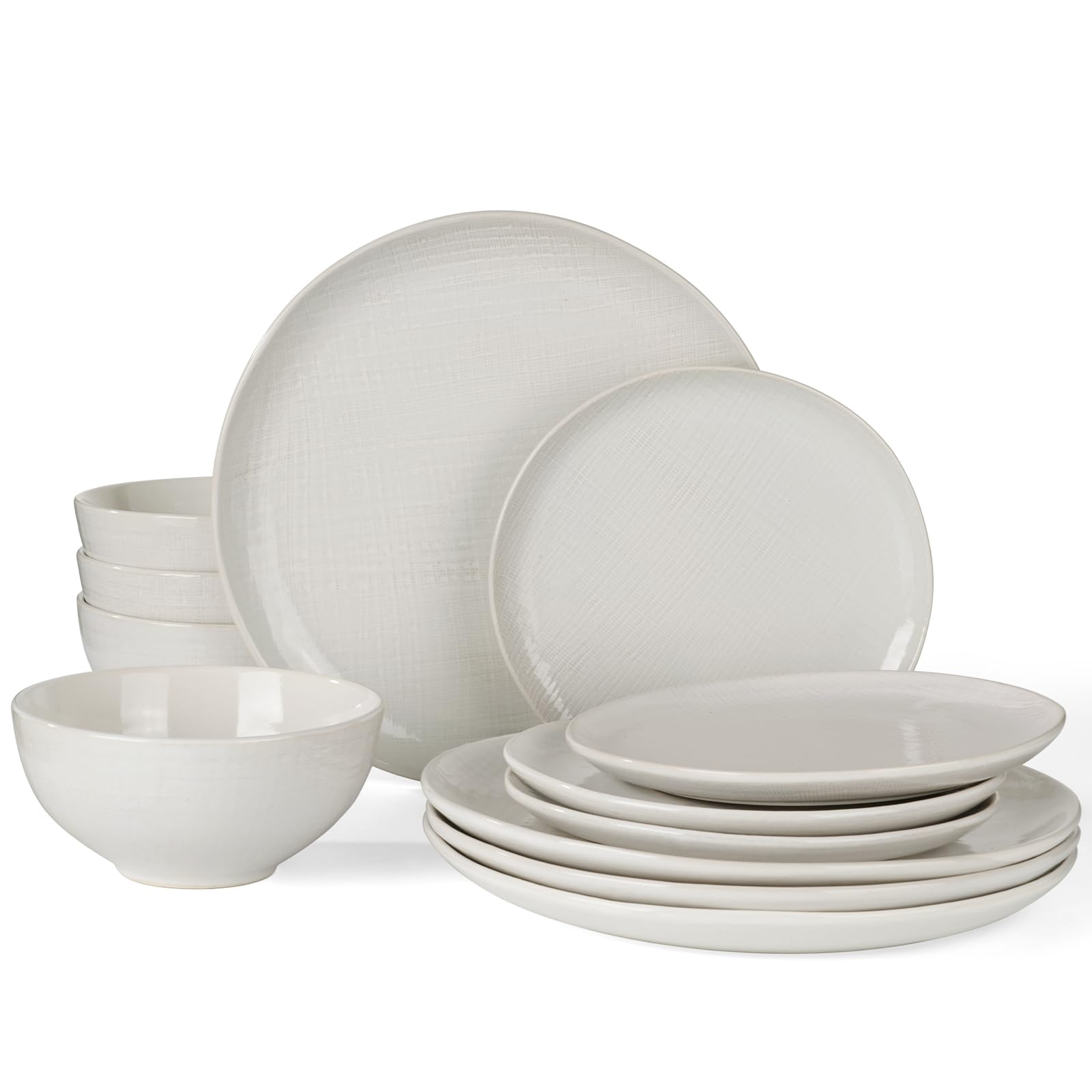 Famiware Moonlight Plates and Bowls Sets, 12 Pieces Stoneware Dinnerware Sets with Linen Finish, Handmade Dishware Set for 4, Mi