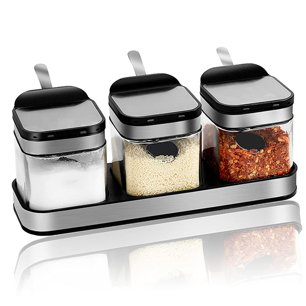 SvaTao Condiment Jar Spice Container with 304 Stainless Steel Lids and Spoons,Clear Glass Condiment Canisters Pots Seasoning Box
