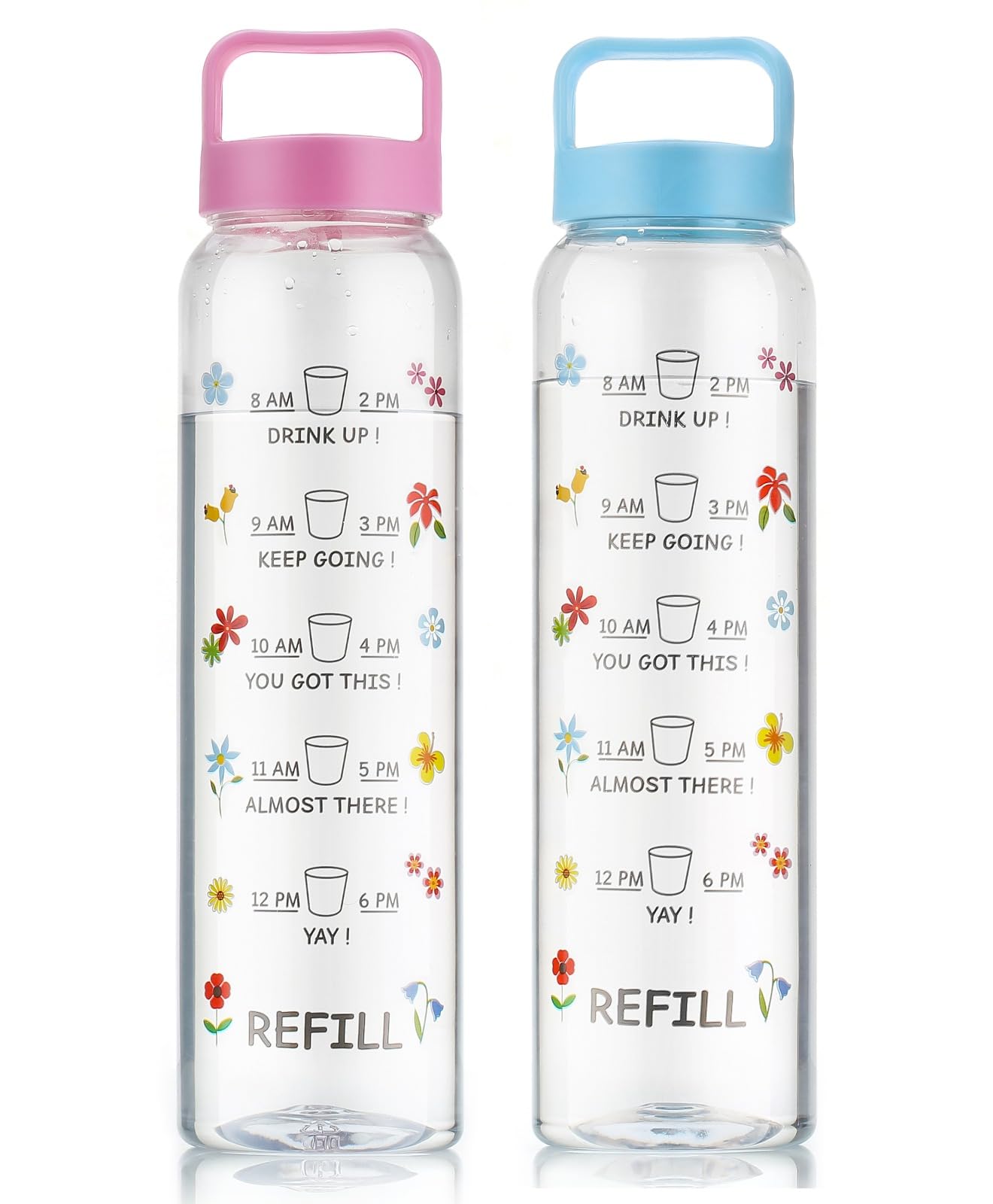 Clazkit Plastic Motivational 1000Ml Water Bottle Blue & Pink - Time Markers & Inspirational Slogans Mentioned Encourages More Wa