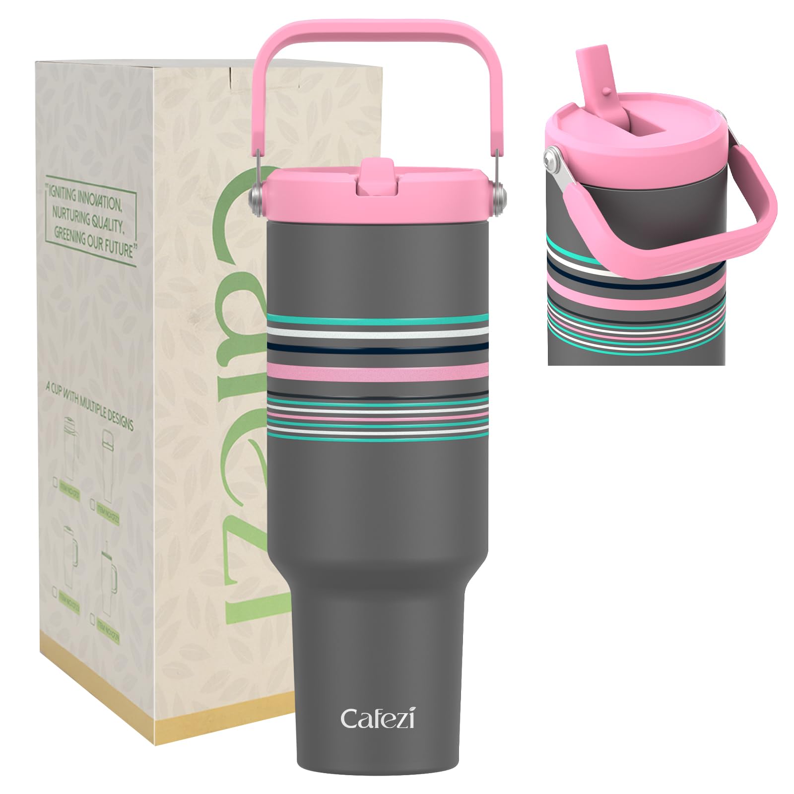 Cafezi 40 oz Tumbler with Handle Flip Straw, Vacuum Insulated Tumblers with Flip Straw and Top Handle, Reusable Insulated Cup fo