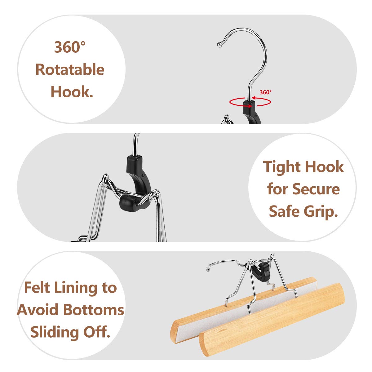 Amkufo 12 Pack Natural Wooden Pants Hangers With Clips Non Slip Skirt Hangers Trouser Clamp Hanger Solid Wood Hanger With 360 Sw