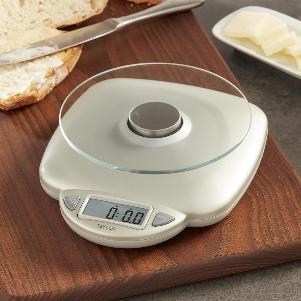 Taylor 11Lb Capacity Digital Glass Top Kitchen Scale With Lcd Display, Weight In Grams And Ounces For Baking, Cooking, And Meal