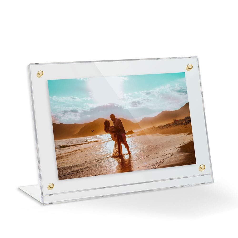 14x11 Acrylic Floating Picture Frame - Table Stand with Gold Magnetic Front Cover to Easily Change Photos - Made in The USA
