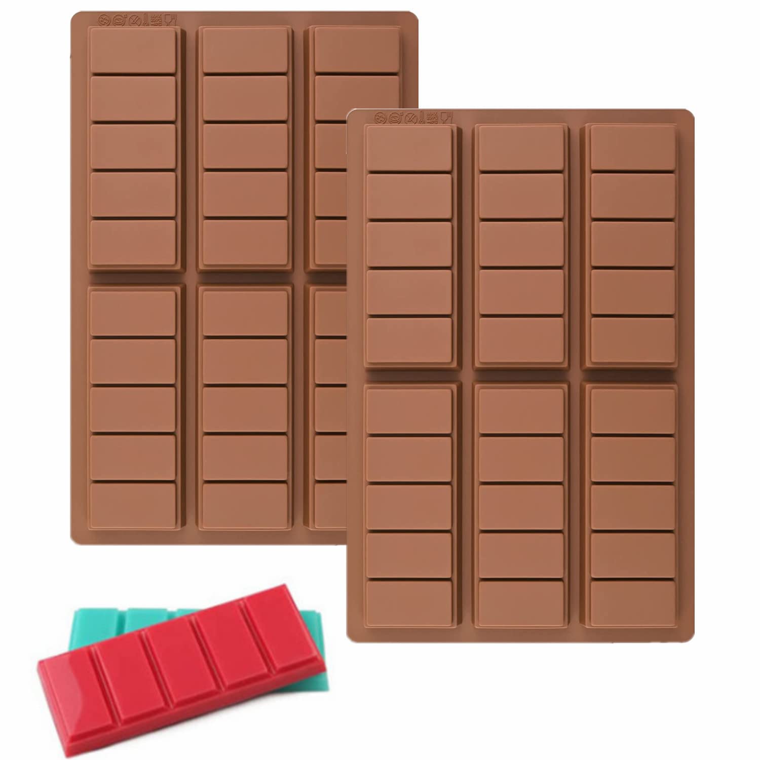 Accfore 2 Pack Chocolate Bar Molds,Rectangle Silicone Break-Apart Protein And Engery Bar Candy Chocolate Molds Wax Melt Candles
