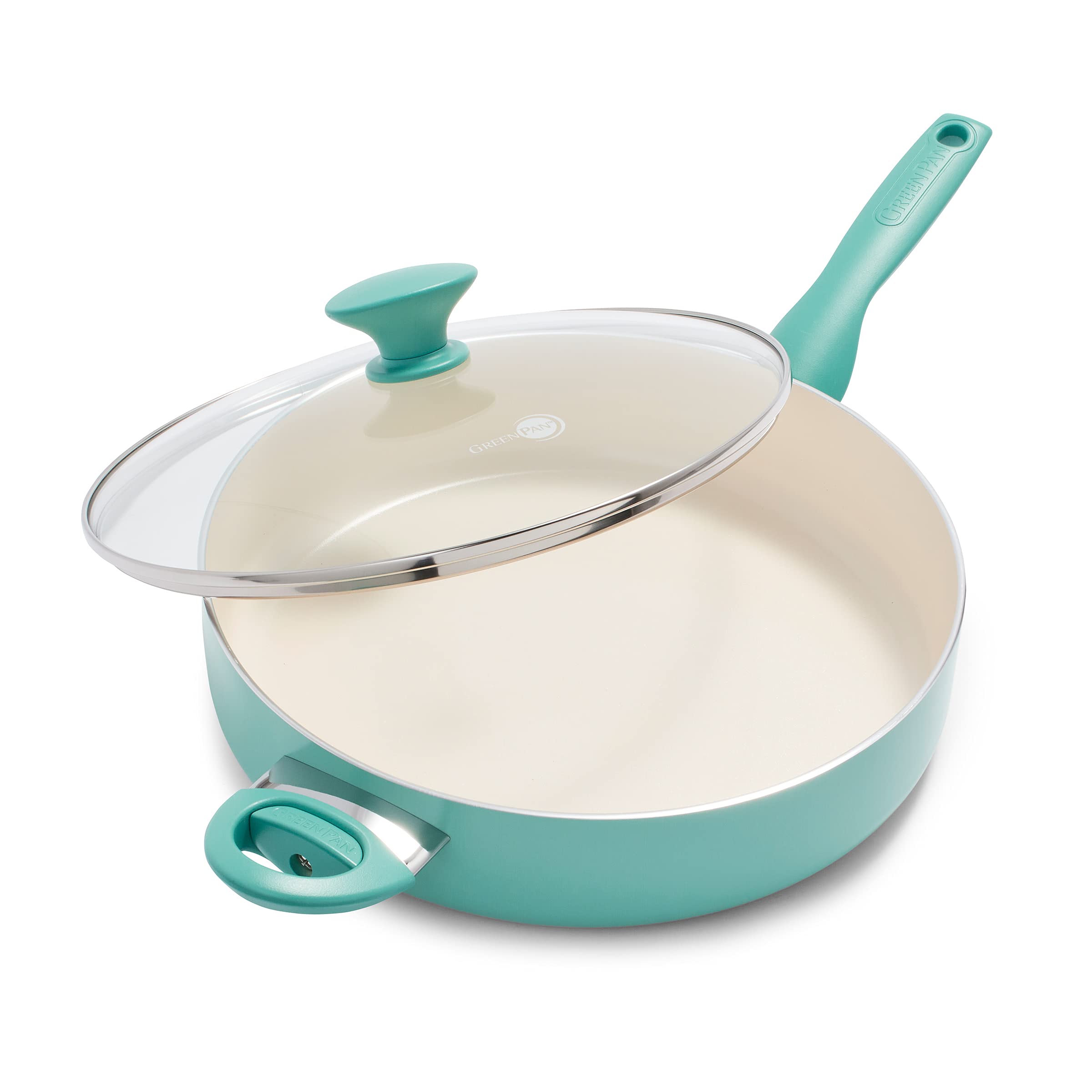 GreenPan Rio Healthy Ceramic Nonstick 5QT Saute Pan Jumbo Cooker with Helper Handle and Lid, PFAS-Free, Dishwasher Safe, Turquoi