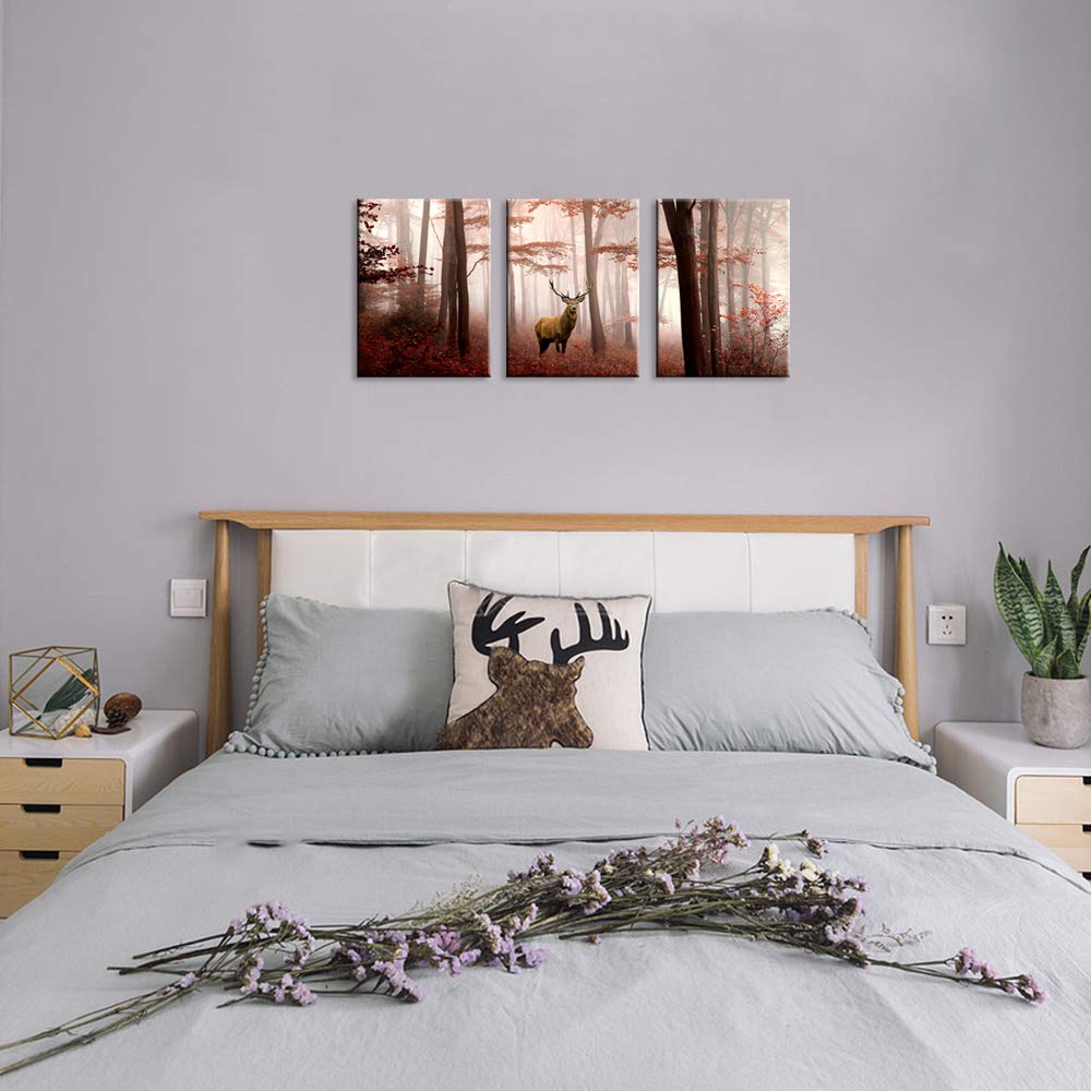 Visual Art Decor Deer in Red Autumn Foggy Forest Picture Elk Decor Canvas Prints for Farm Decor Farmhouse Living Room Bedroom Wall Decoration Ready to Hang 12x16inchx3 Piece