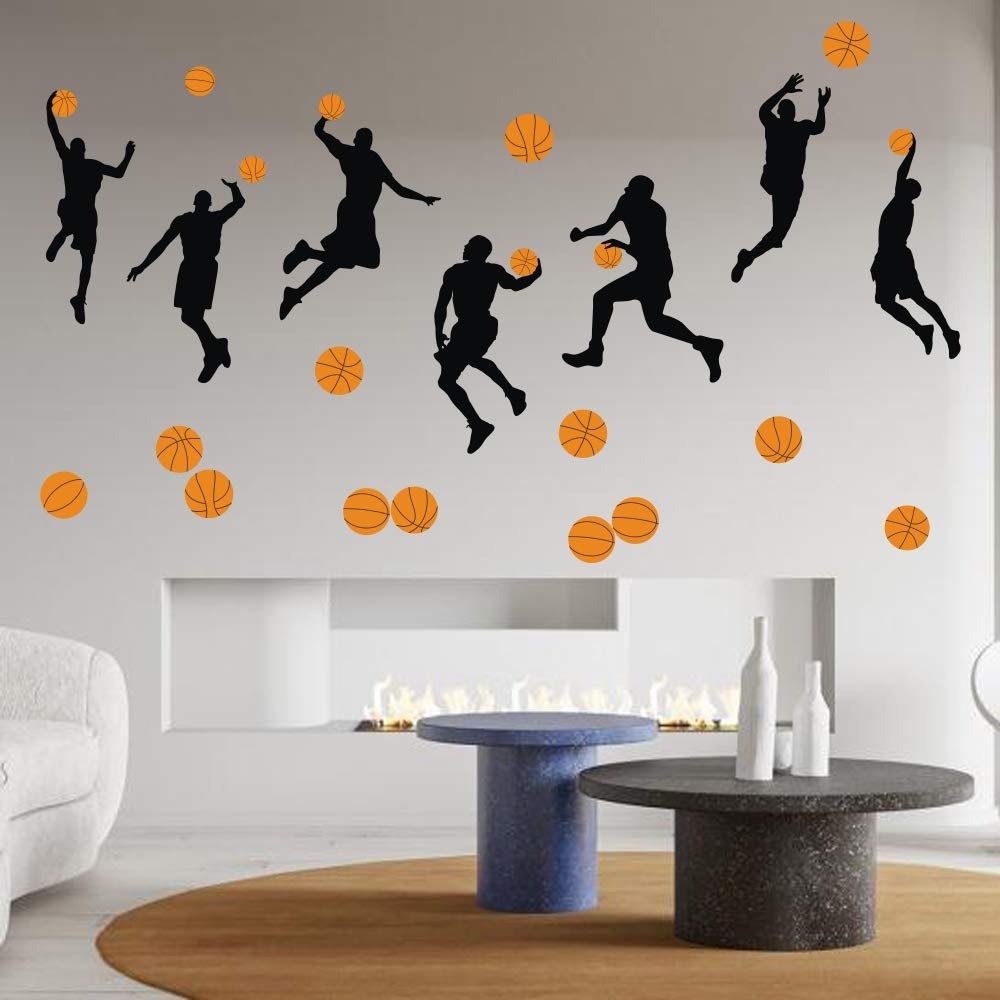 Basketball Slam Dunk Silhouette Wall Decals (20 Decals) Sport Player Wall Stickers Peel& Stick Jumpman Wall Art For Boys Teens L