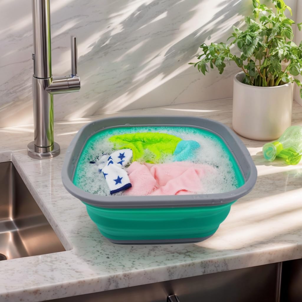 SAMMART 55L (14 gallons) collapsible Tub - Foldable Dish Tub - Portable Washing Basin - Space Saving Plastic Washtub (Dark greyBluish-green  1)