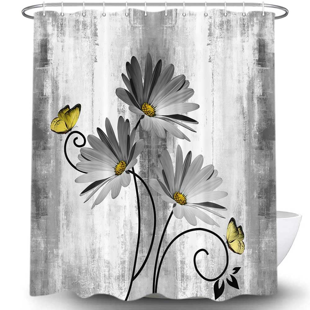 Veivian Rustic Farmhouse Shower Curtain, Farm Gray Grey Daisy Floral Flowers And Butterfly On Country Wooden Shower Curtain For