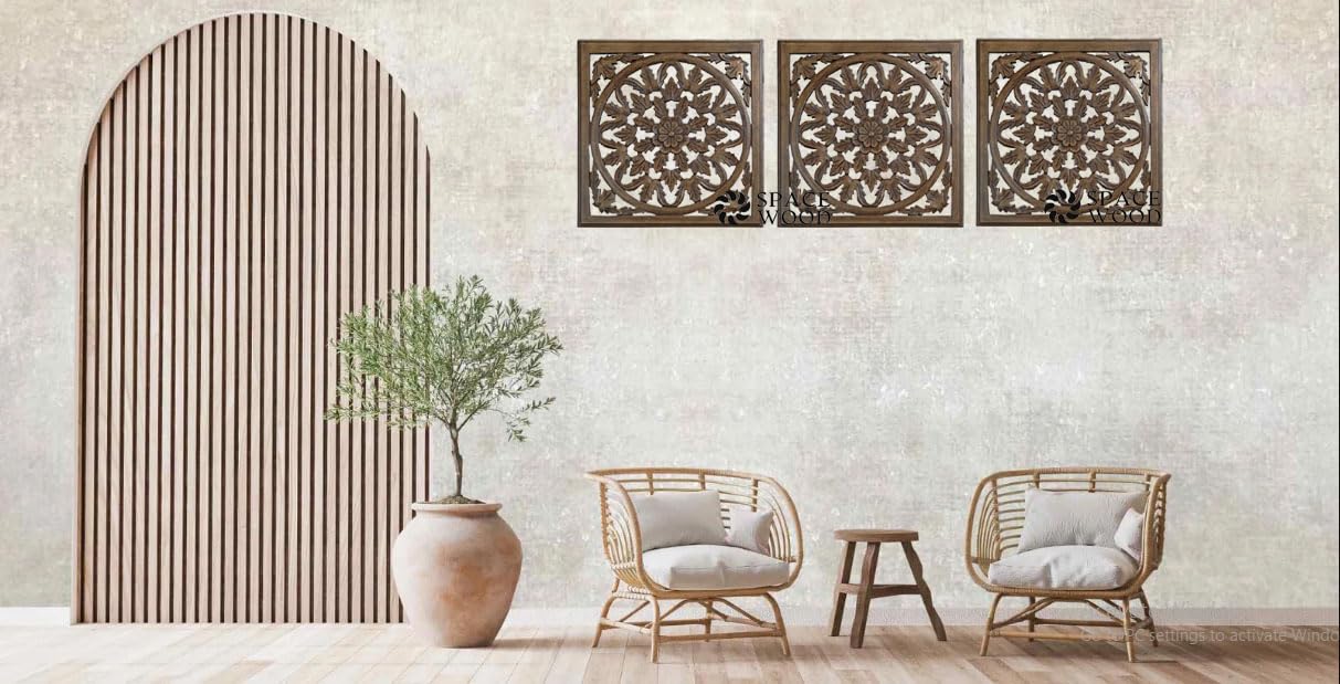 SPACE WOOD Wall Hanging Panel | Decorative Frame for Living Room | MDF Wooden Decor for Home, 12x12 Inches, Brown (Pack of 3)