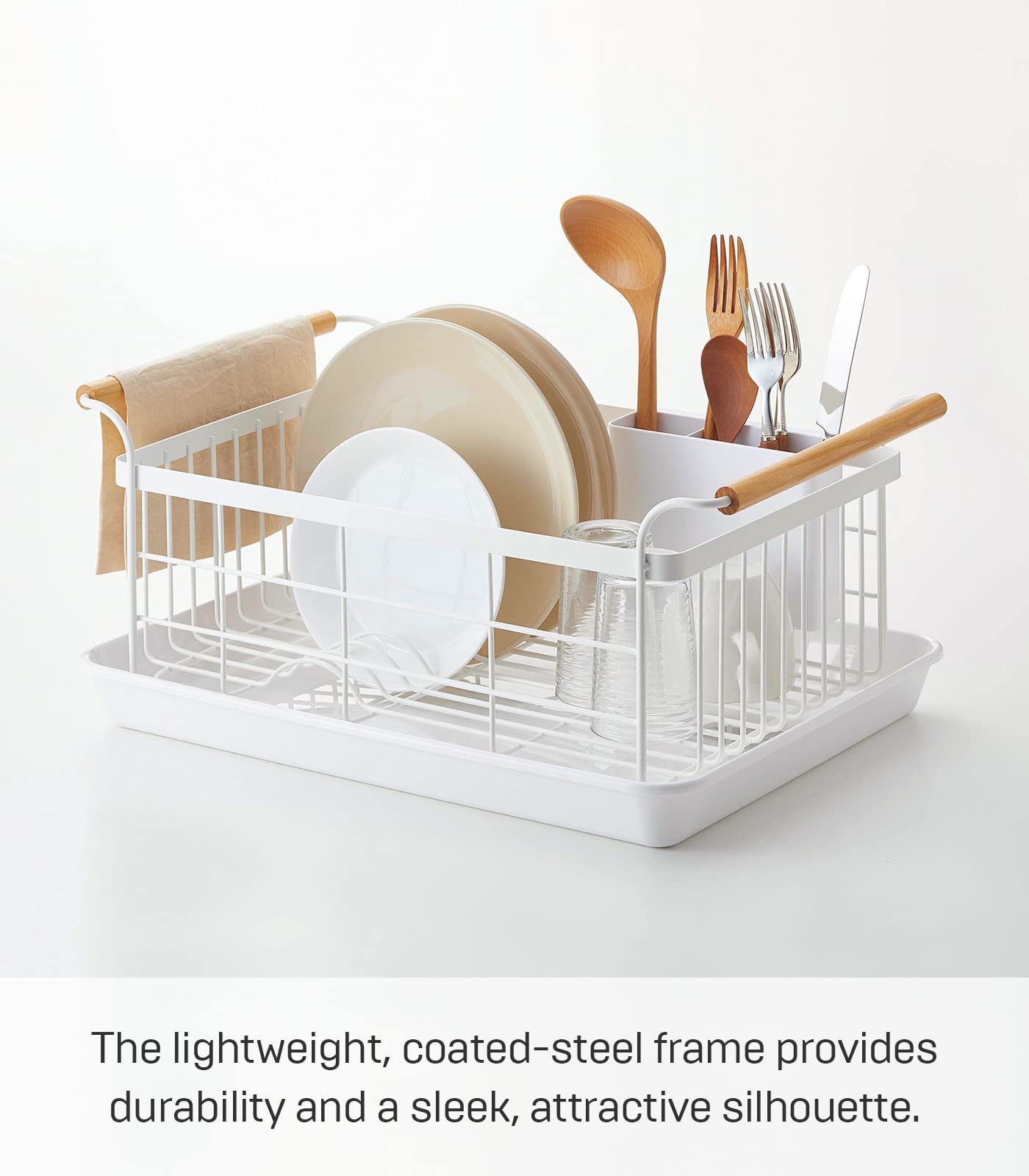 Yamazaki Home Dish Rack With Removeable Drainer Tray, Kitchen Counter Dish Drying Organizer Holder Steel + Wood One Size White