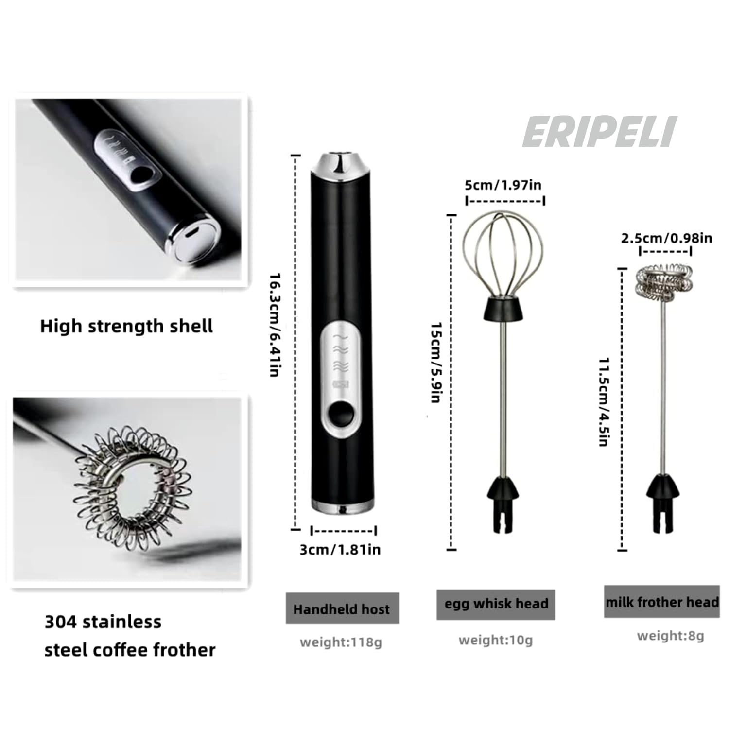 Eripeli Hand Blender Coffee Frother Milk Frother Usb Rechargeable Electric Foam Maker For Cappuccino Whisker Egg Beater, Black
