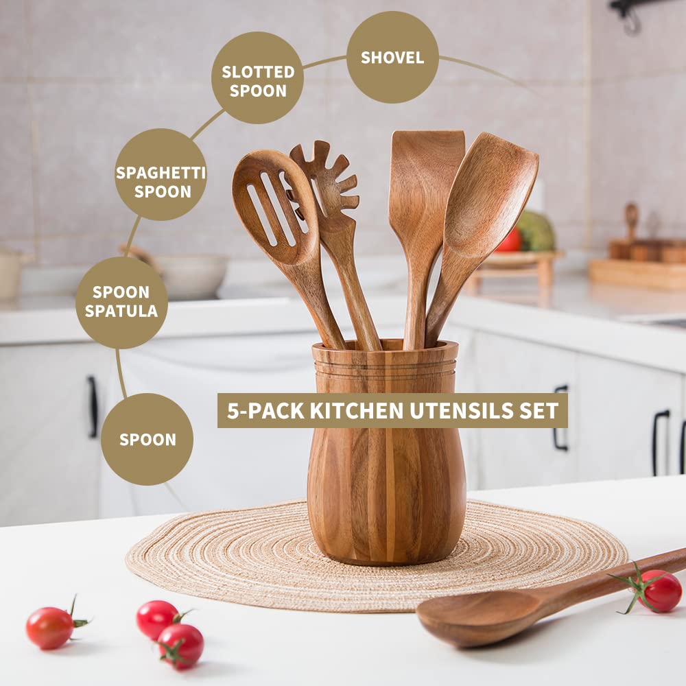 Exquisite Wooden Cooking Utensils For Kitchen, Set Of 5, 12 Inch Acacia Wood Kitchenware Tool Set, Cooking Gadgets Includes Spoo